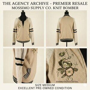 Collegiate Mossimo Supply Co. Knit Embroidered Bomber Jacket in Beige/Grey.